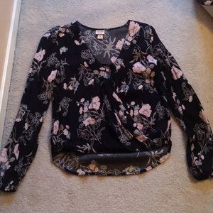 Black Floral Wrap Blouse